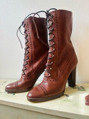 New Michael Kors Cognac Brown Lace-Up Mid Calf Leather Almond Toe Heeled Boots